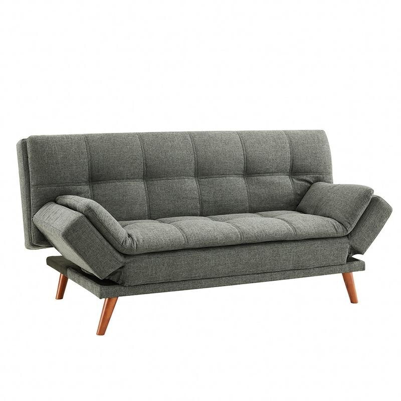 Grey 3 Seater Sofa Bed Click Clack | Tufted Fabric Adjustable Armrests