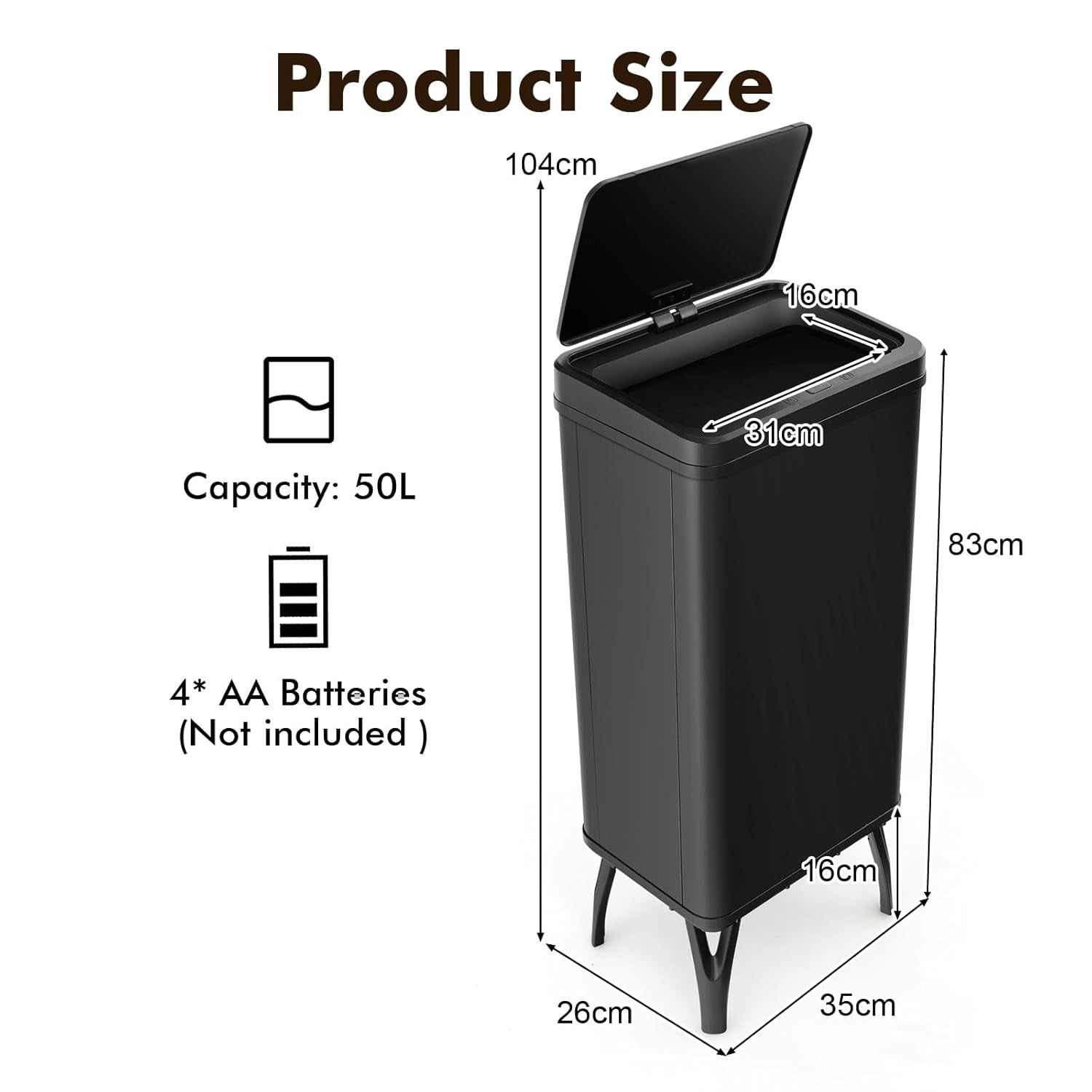 50L Automatic Kitchen Bin Touchless Stainless Steel Tall Sensor Lid
