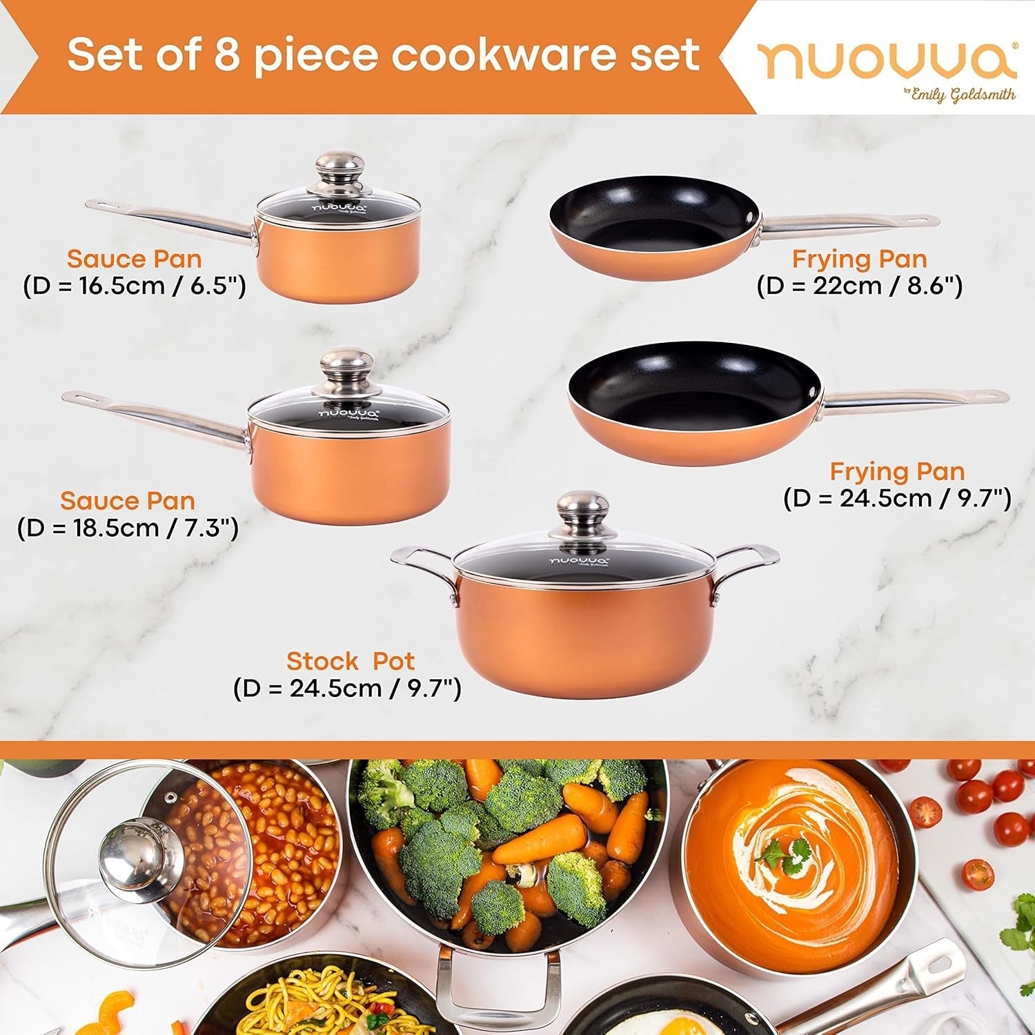 8pcs Copper Non Stick Cookware Set with Lids – Induction & Gas Safe Pots