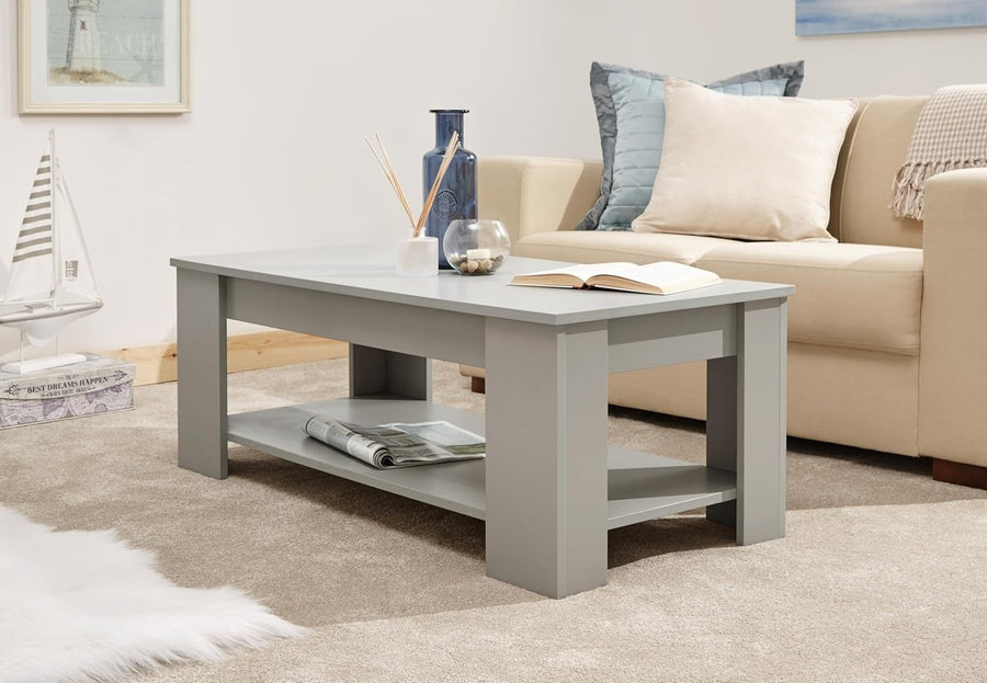 Modern Lift Top Coffee Table with Hidden Storage & Shelf Grey 105x50cm