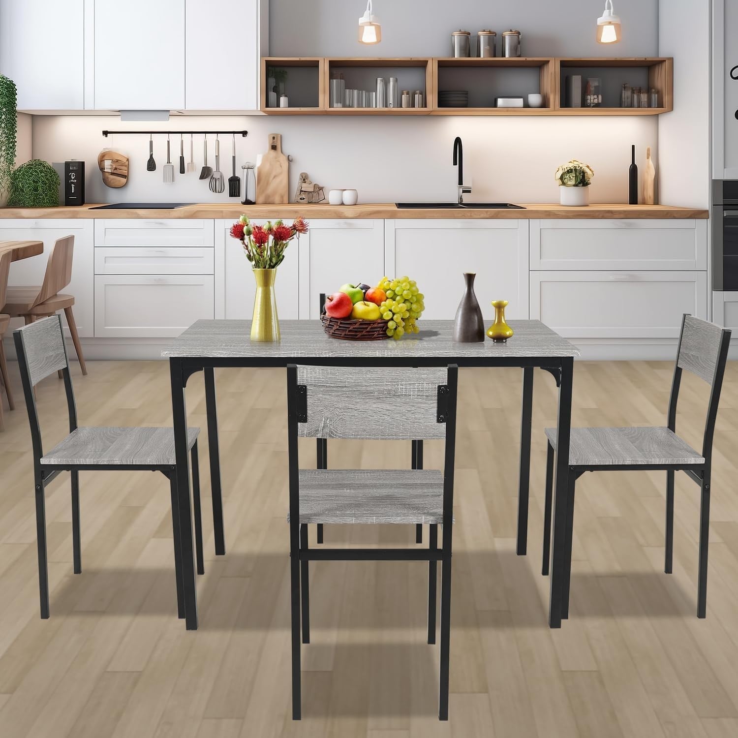 Modern Grey Dining Table Set 5-Piece, Compact Kitchen & Patio Chairs, Rustic