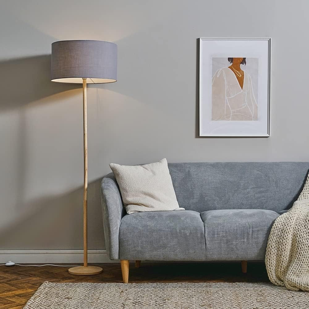 Natural Wood Floor Lamp Dark Grey Shade Modern Standing Light Living Room