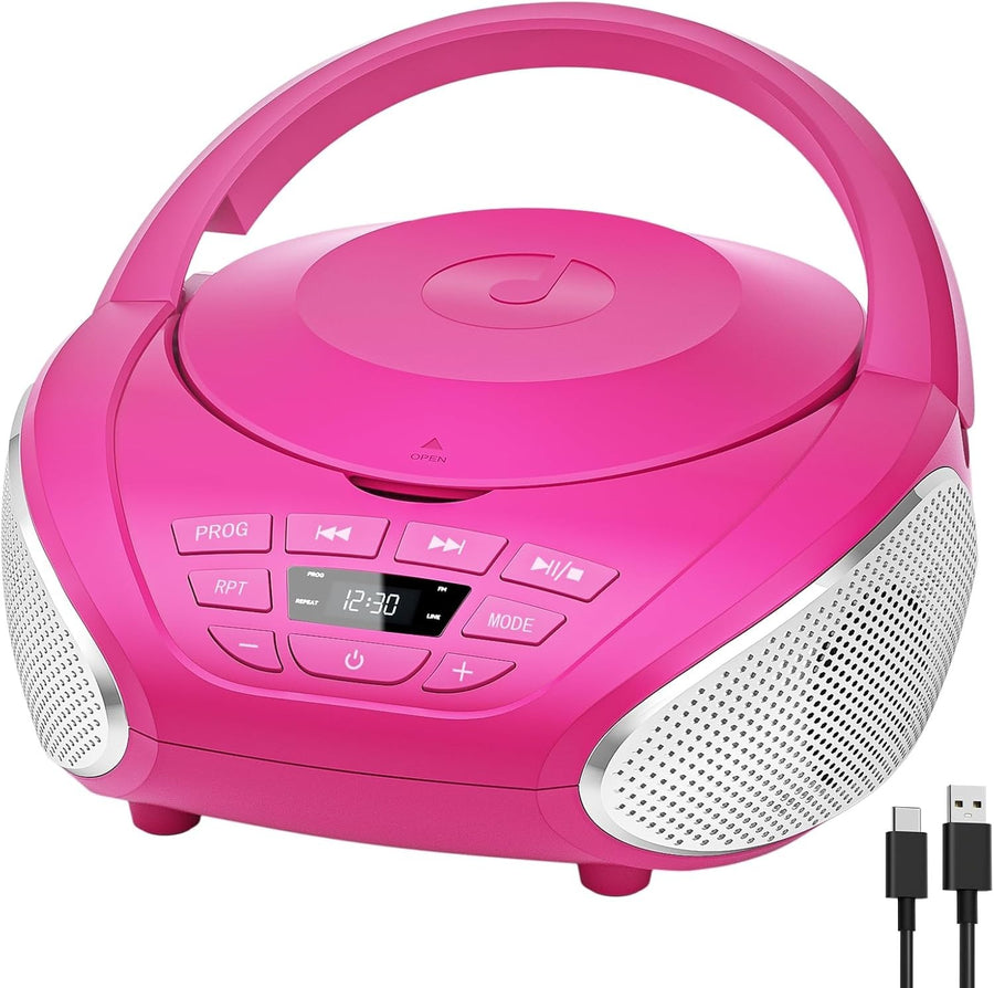 Portable CD Player Boombox Speakers FM Radio AUX Headphone Jack Pink
