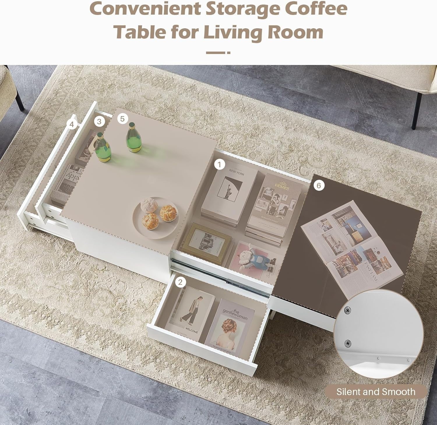 Modern High Gloss Coffee Table with 3 Drawers & Hidden Storage 100x60x40cm