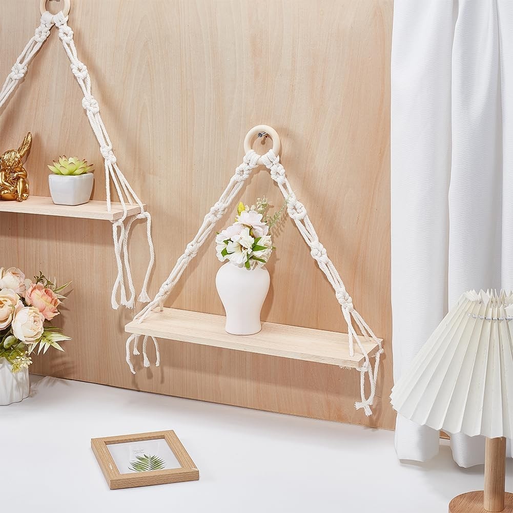 3pcs Boho Hanging Shelves Wood Floating Wall Decor 13.8x14.2in