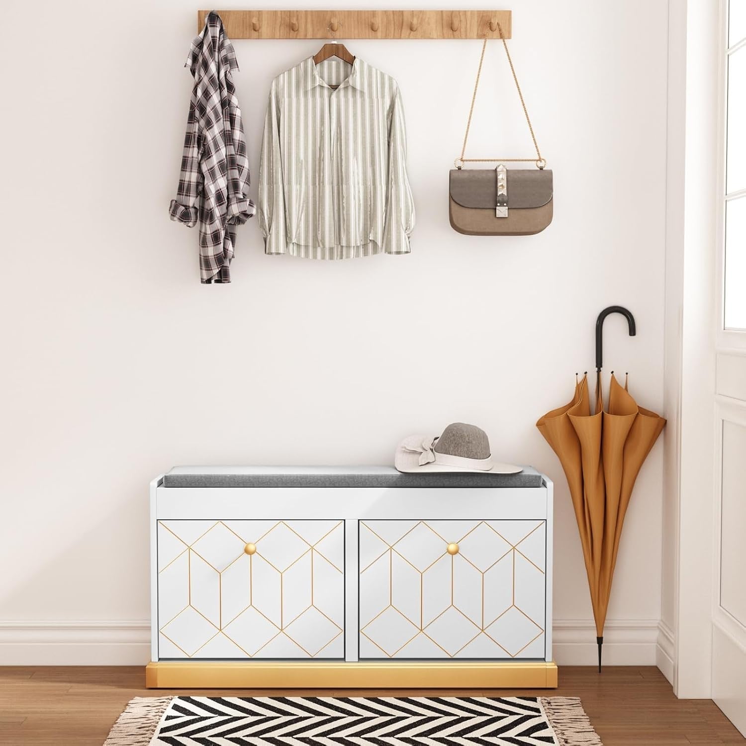 White Shoe Bench with Cushion & Flip Drawer Hallway Storage 99.6x27.2x49.5cm