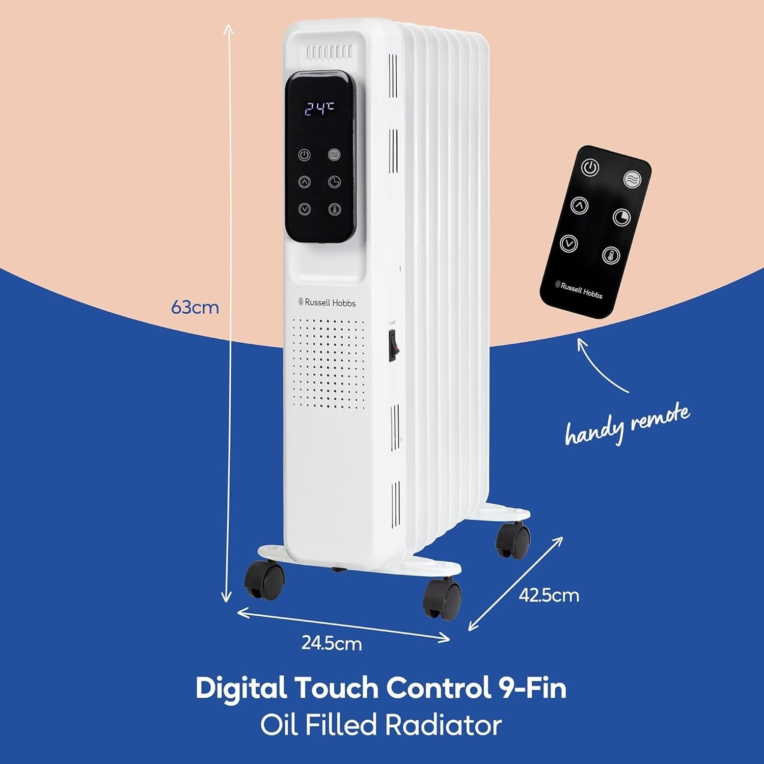 2000W White Oil Filled Radiator 9 Fin Digital Remote Timer Heater