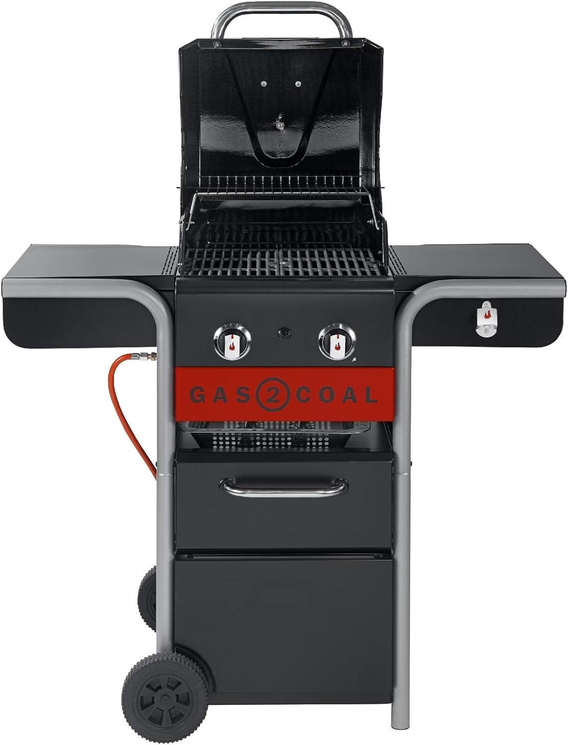 Hybrid Gas & Charcoal BBQ Grill 2 Burner Outdoor Barbecue with Side Shelves