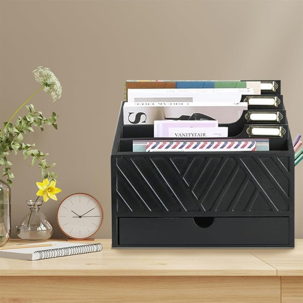 Wooden Desk Organizer Mail Sorter with Drawer | File Holder & Storage Box