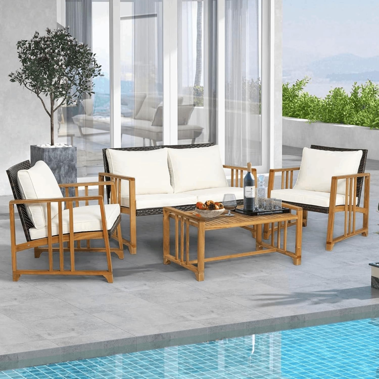 4 Piece Rattan Garden Sofa Set with Chairs Table Outdoor Patio Conversation