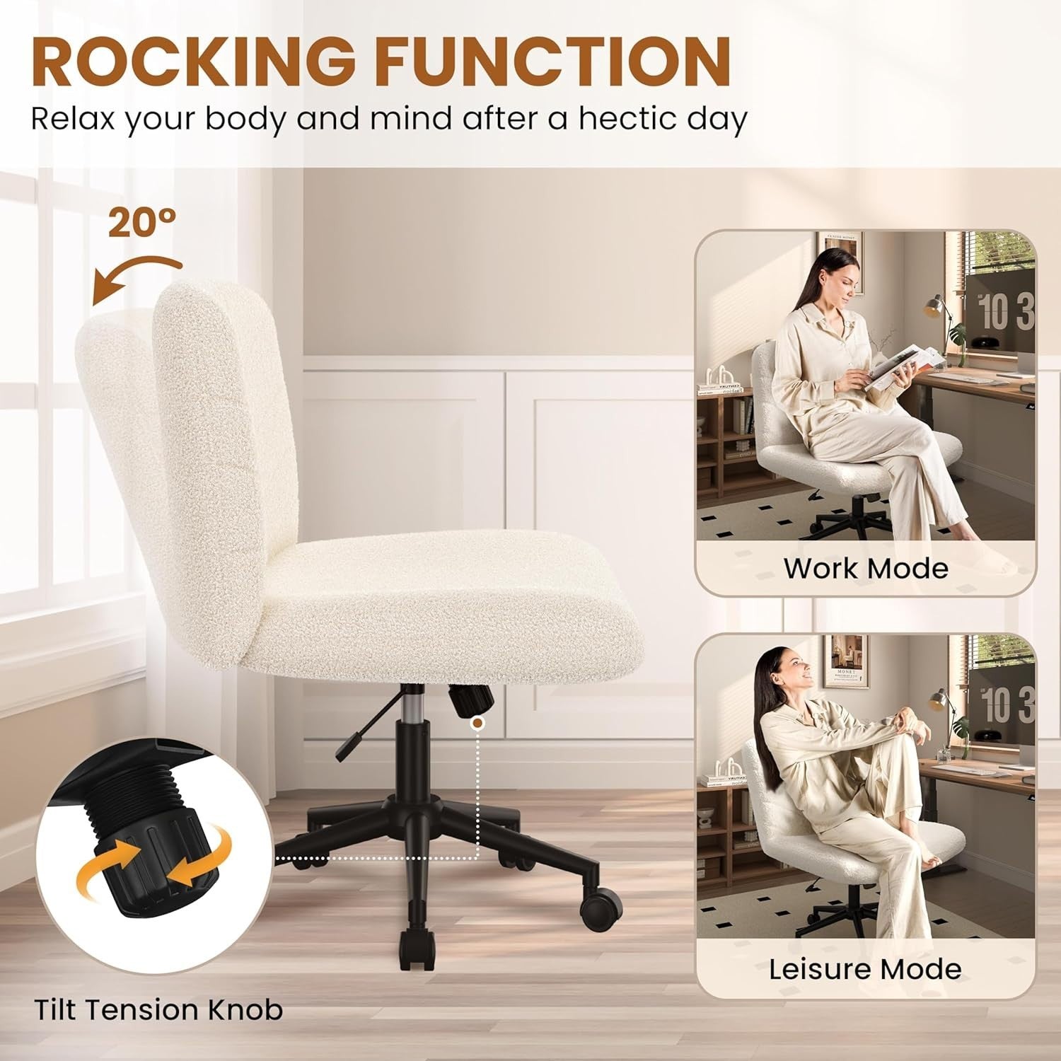 Adjustable Home Office Desk Chair Ivory Armless Swivel Extra-Wide Padded Seat