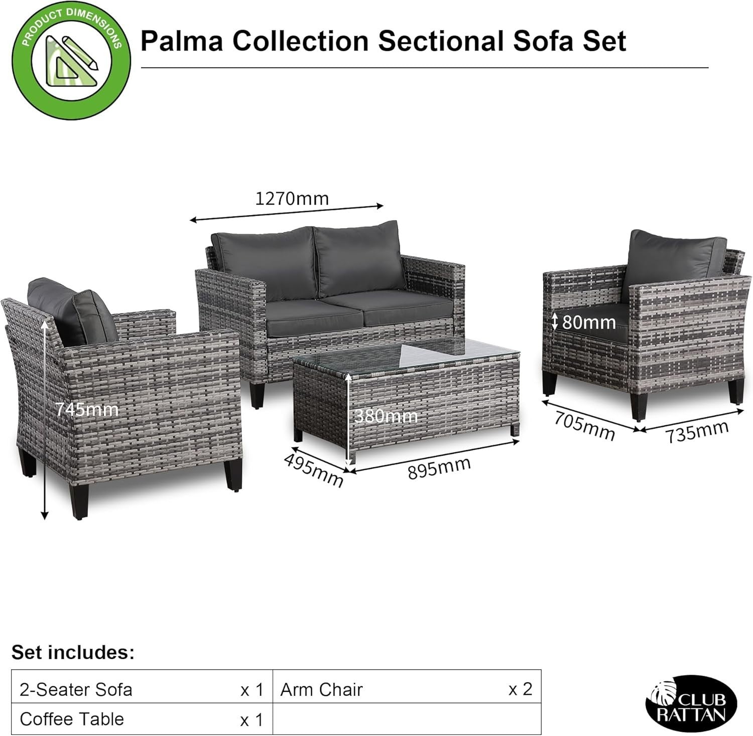 4 Seater Rattan Garden Sofa Set with Coffee Table All Weather Patio Lounge