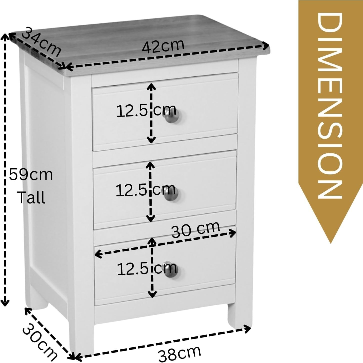 Grey 3 Drawer Bedside Table with 100% Oak Top | Solid Wood Nightstand
