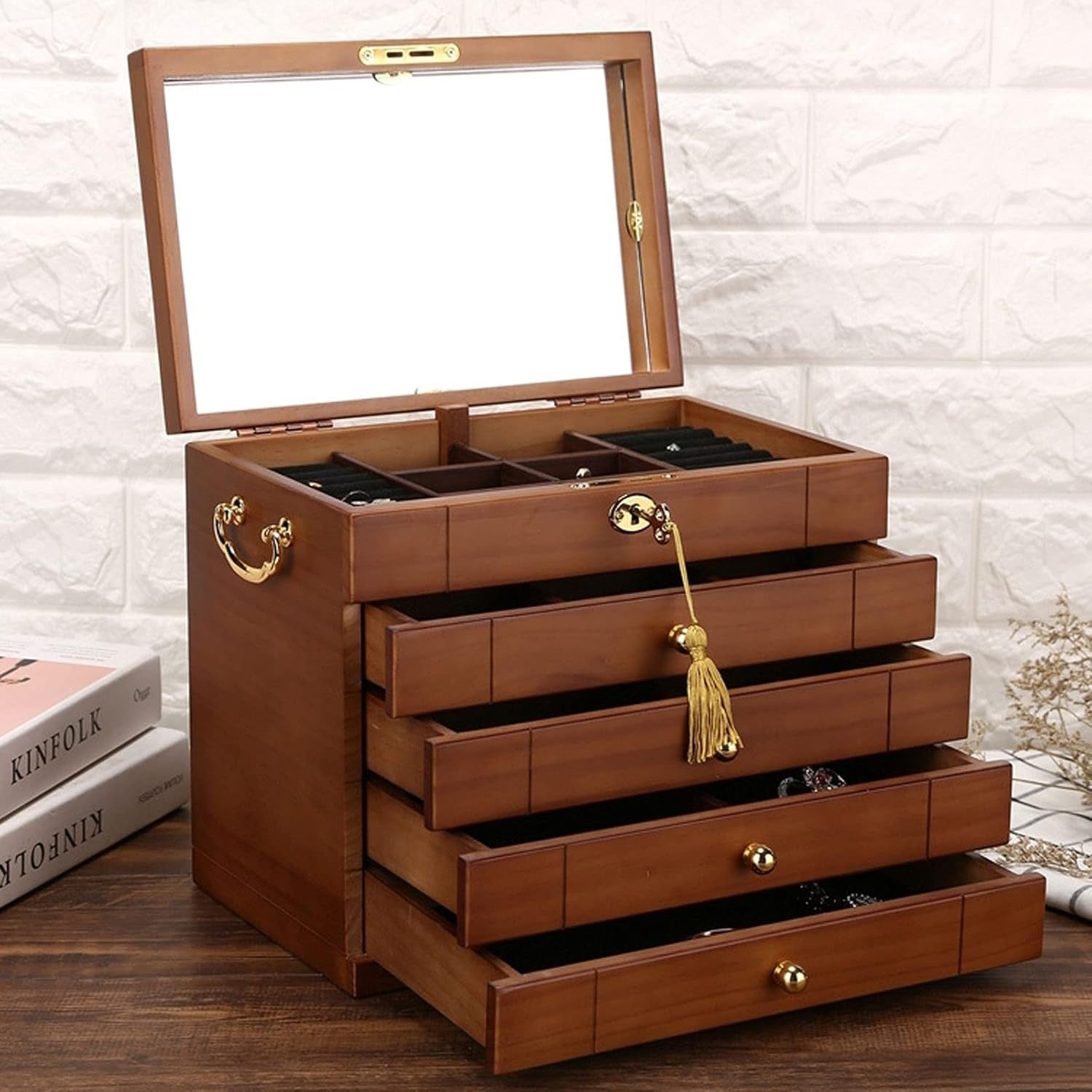 Large Wooden Jewelry Box with Mirror Lock Multi Layer Organizer for Women