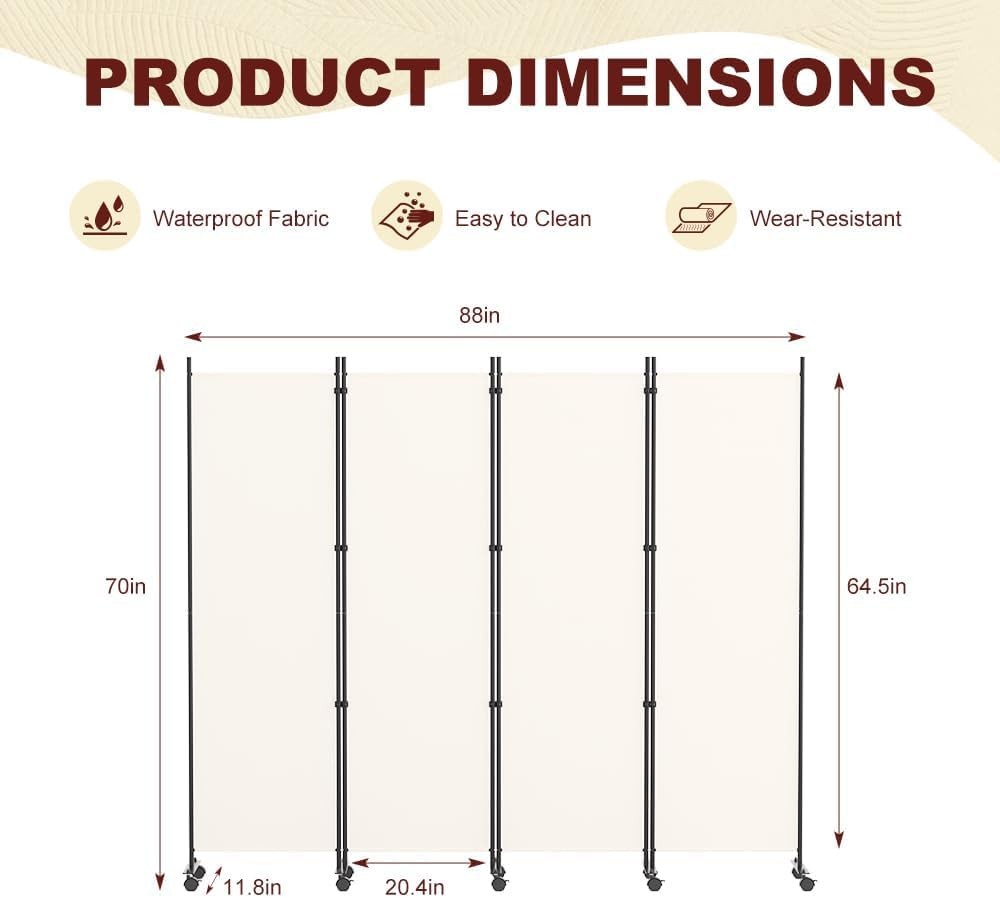 4 Panel Folding Room Divider Freestanding Privacy Screen with Lockable Wheels