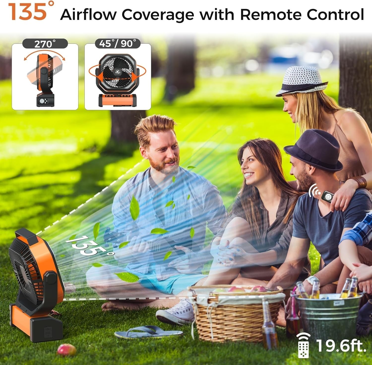 Orange Camping Fan – Quiet 20000mAh Rechargeable LED Light w/ Remote & 9 Speeds