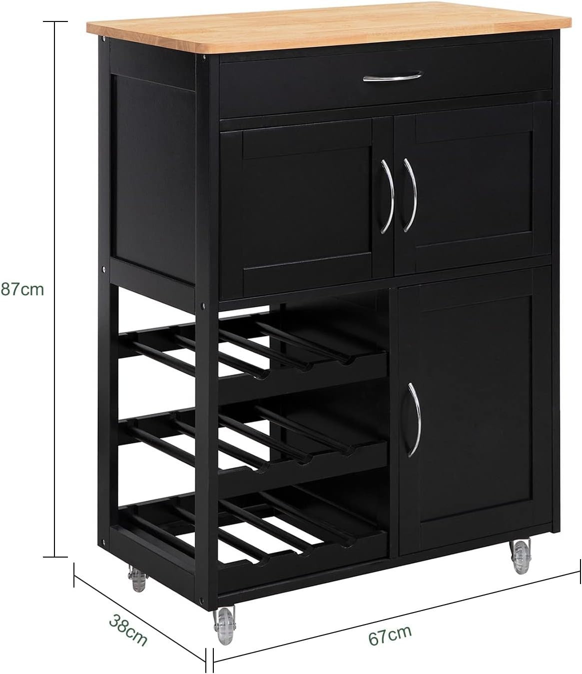 67x38x87cm Black Kitchen Trolley Wine Rack Cart