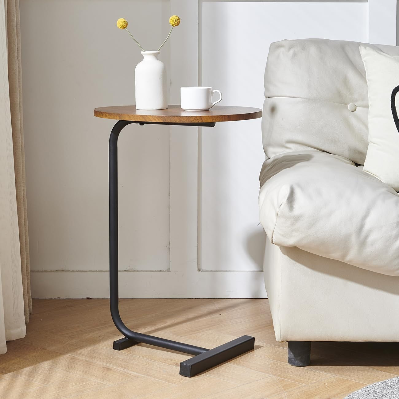 Walnut Round C-Shaped Sofa Side Table Space-Saving Metal Frame 61.5cm High