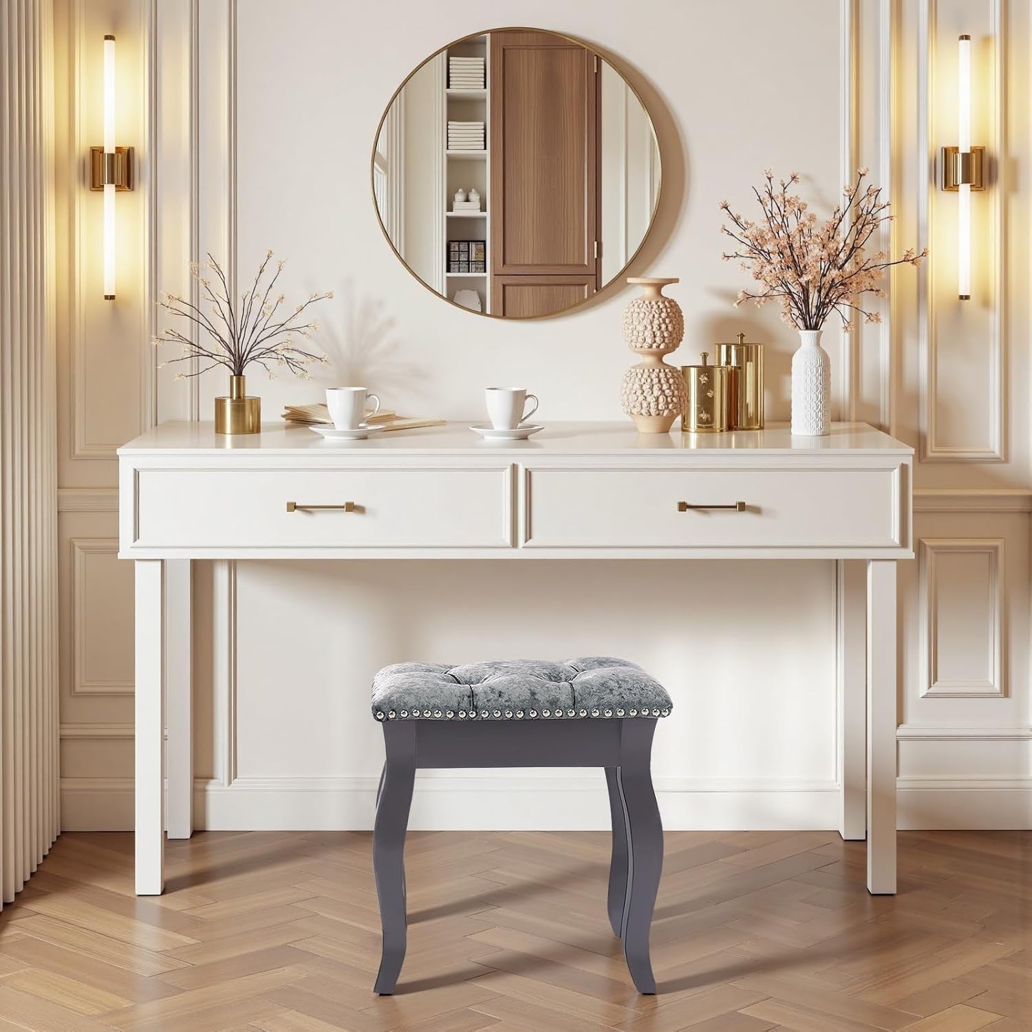 Grey Velvet Vanity Stool with Wooden Legs – Comfortable Dressing Table Chair