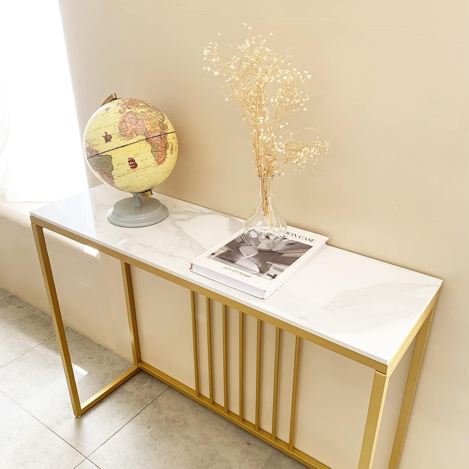 White Marble Console Table Slim 100cm – Gold Frame Entryway Desk Hall