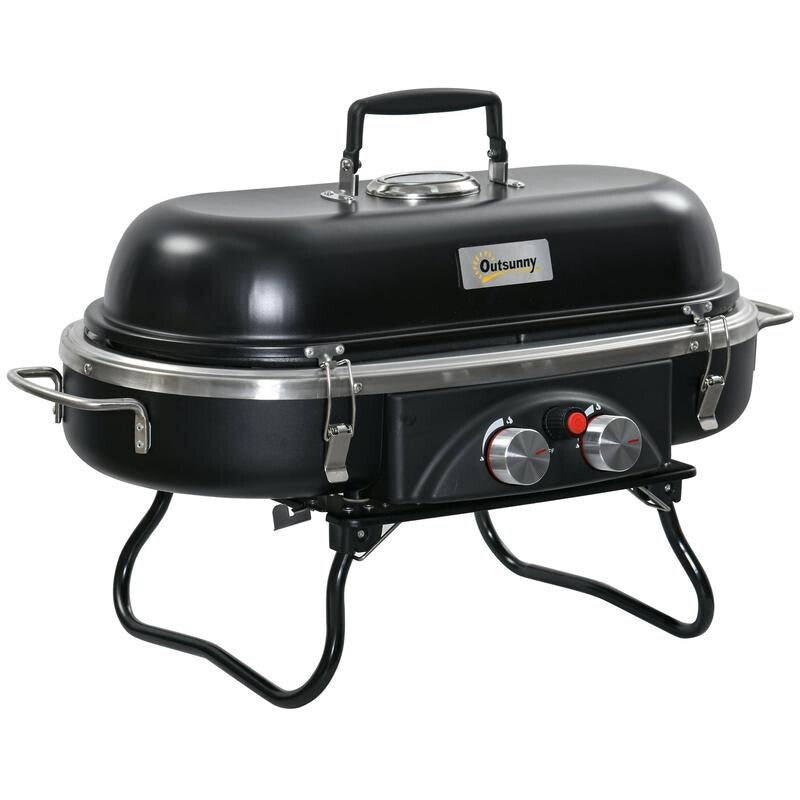 Foldable Tabletop Gas BBQ Grill 2 Burner w/ Lid, Thermometer, Regulator