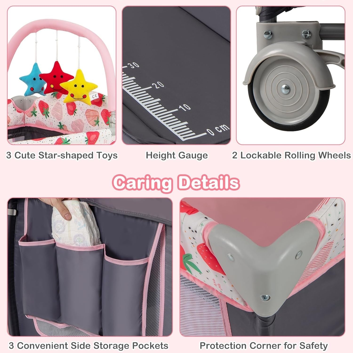 4in1 Baby Travel Cot Foldable Crib with Mattress, Changer & Storage Strawberry