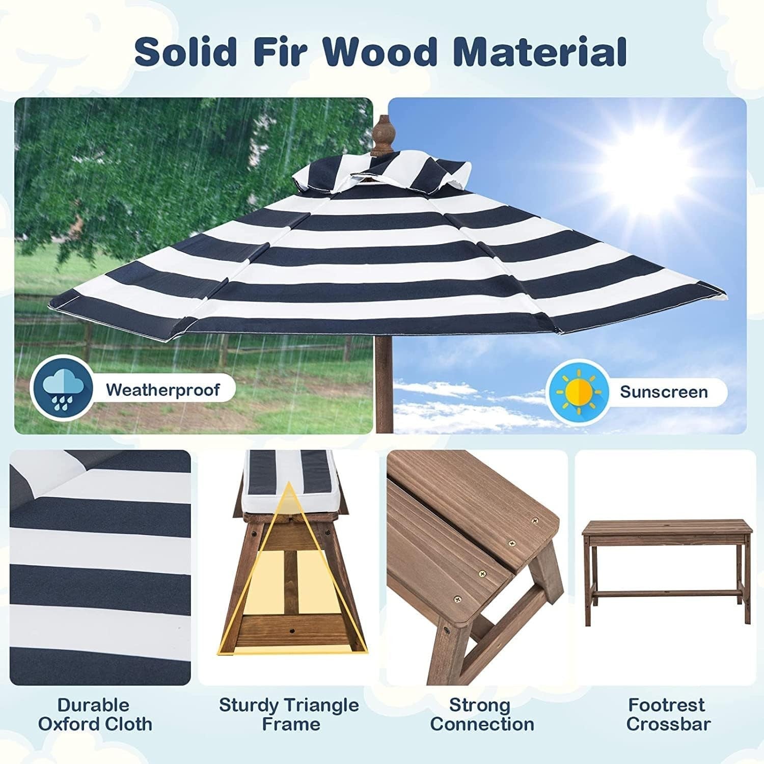 Kids Wooden Picnic Table Bench Set w/ Cushions & Foldable Umbrella Outdoor Blue
