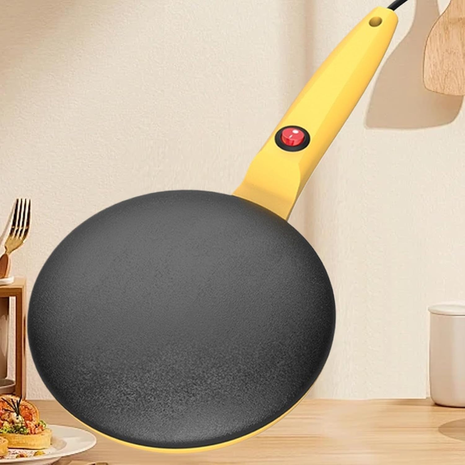 8" Electric Crepe Maker Non Stick Pancake Maker with Handle & Tray Yellow
