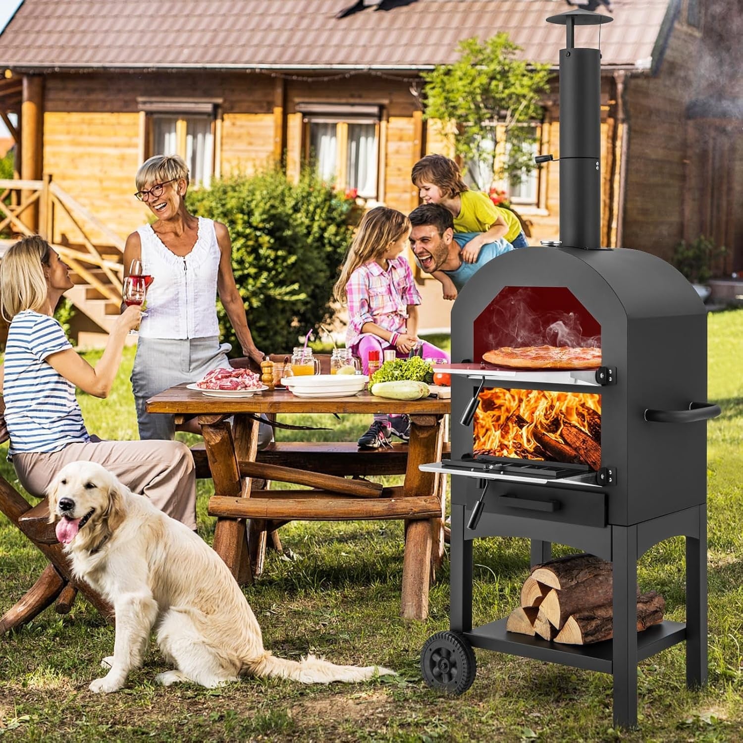 Outdoor Wood-Fired Pizza Oven | Patio BBQ Grill w/ Thermometer, Stone & Cover