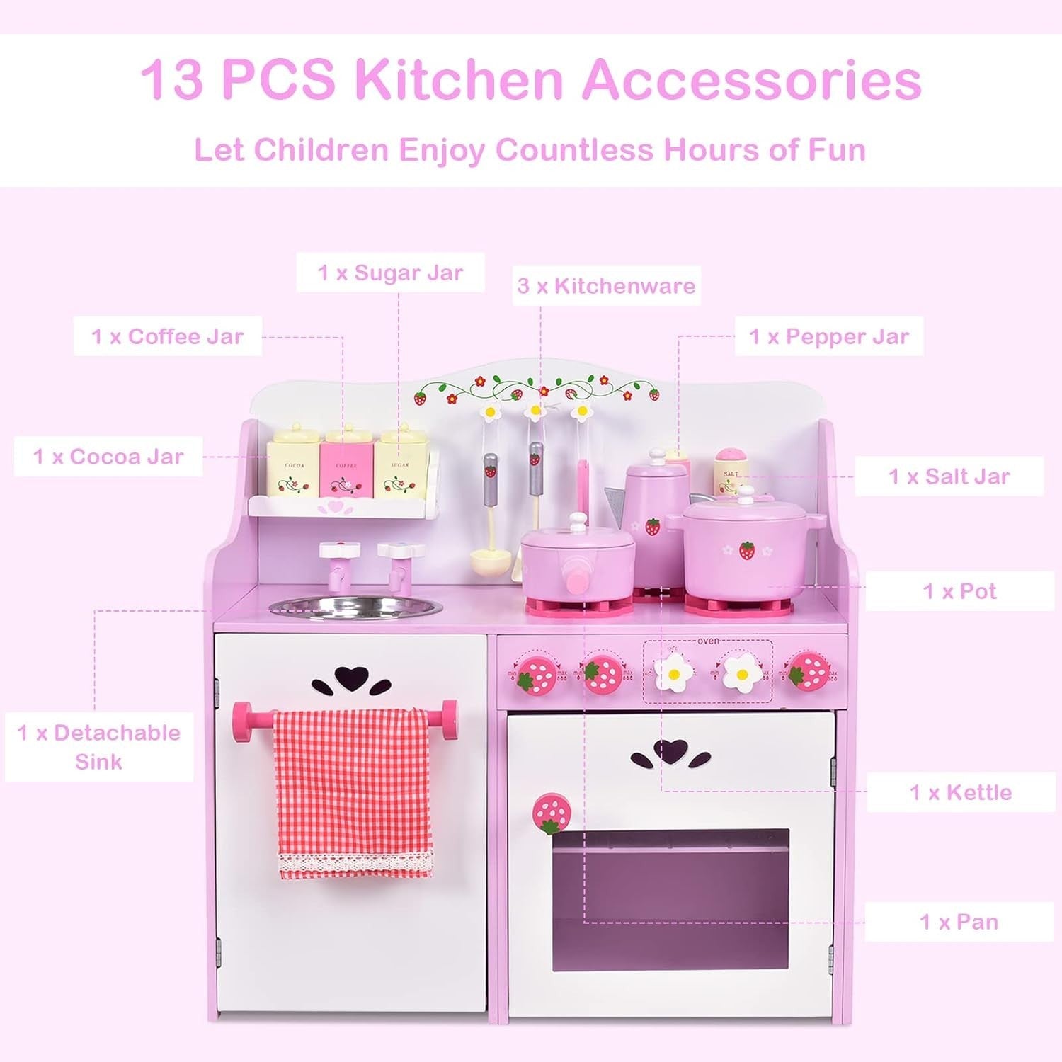 Kids Wooden Play Kitchen Pink Pretend Cooking Set w/ 13 Accessories