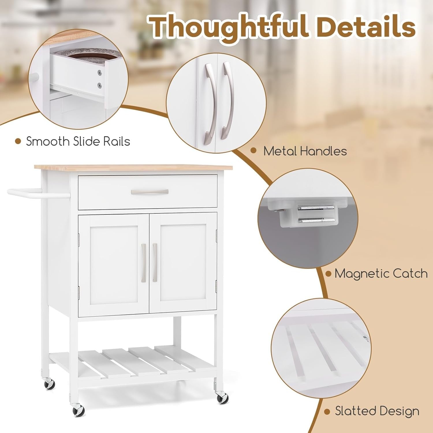 Kitchen Island Cart on Wheels Storage Trolley Cabinet Drawer Shelf White