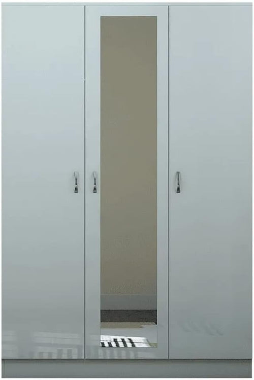 Grey Gloss 3-Door Mirrored Wardrobe with Full-Length Mirror & 6 Shelves