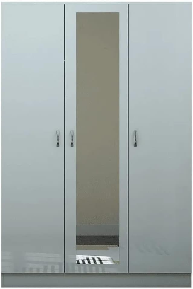 Grey Gloss 3-Door Mirrored Wardrobe with Full-Length Mirror & 6 Shelves