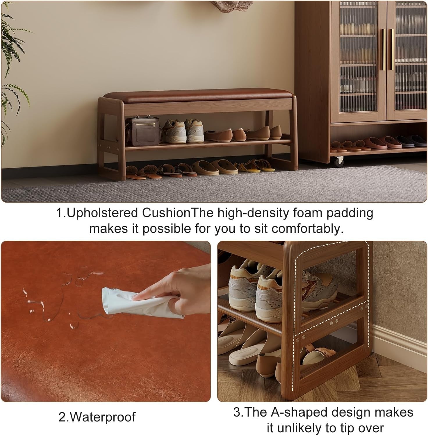 2-Tier Shoe Rack Bench with Flip-Top Storage Leather Cushion – Entryway