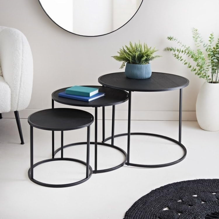 Nest of 3 Black Coffee Tables Round Metal Wood Space Saver Side End Table
