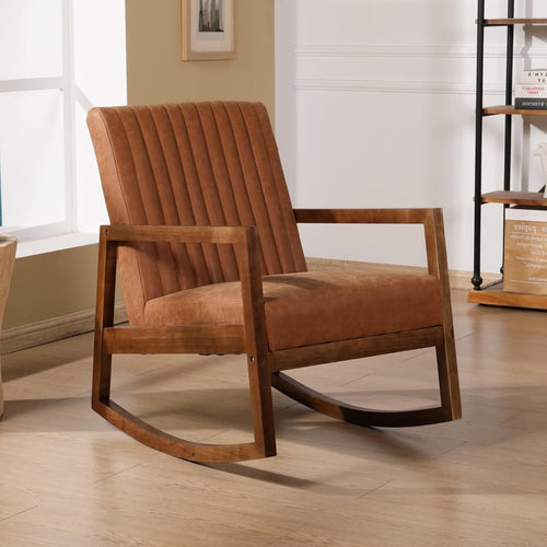 Cozy PU Leather Rocking Chair with Wood Frame, Quilted Backrest