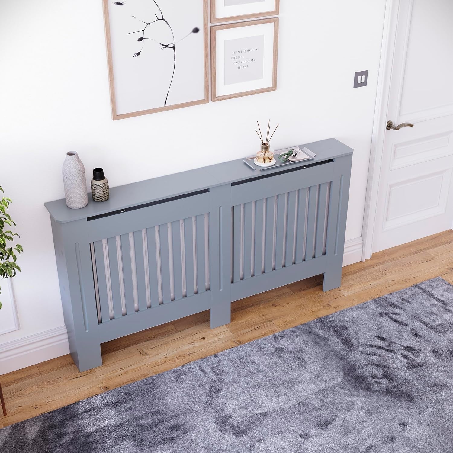 Large Grey Radiator Cover | Modern Slatted MDF Heating Cabinet