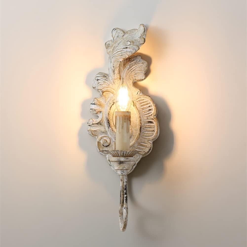Vintage White Wood Wall Sconce, French Country Candle-Style Light