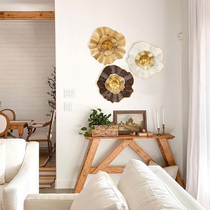 12" Gold Metal Flower Wall Décor Pack of 3 Modern Wall Art Accent