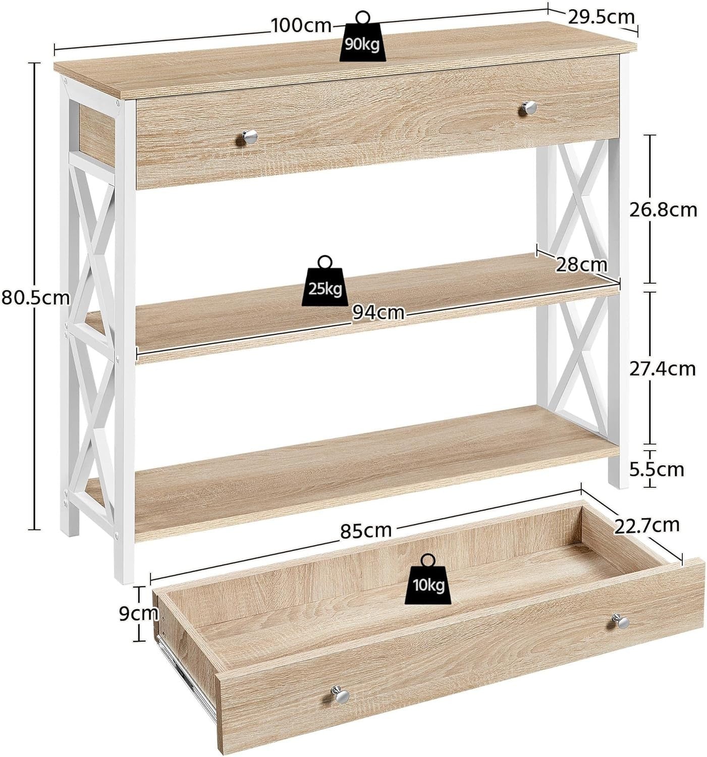 Spacious Console Table with Drawer & 2 Shelves, Sturdy Metal Frame, Light Oak