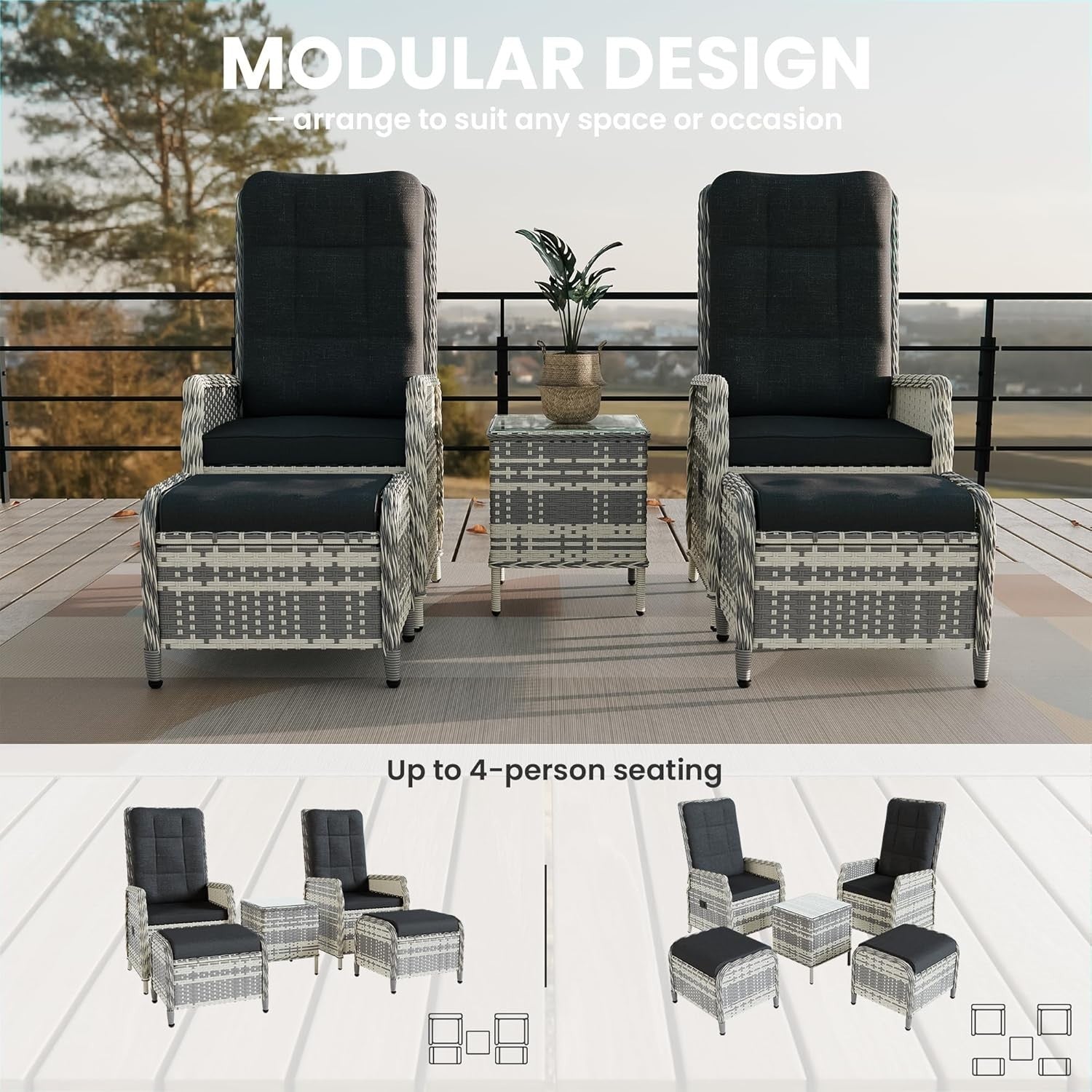 Adjustable Rattan Recliner Patio Set Chairs Stools Coffee Table Outdoor Black