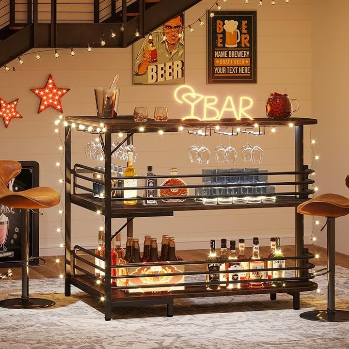 L-Shaped Home Bar Unit with Wine Glass Rack & Shelves Rustic Brown Kitchen Pub
