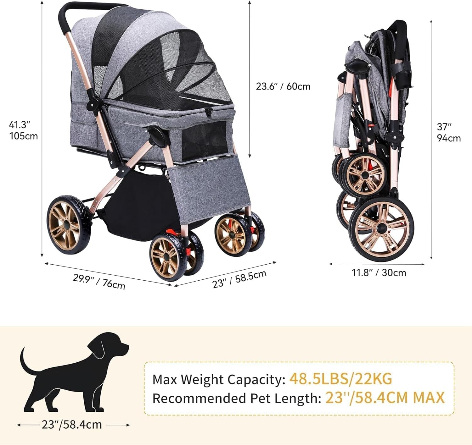Dog Stroller 22kg Folding Pram Large Wheels Travel Pushchair Storage