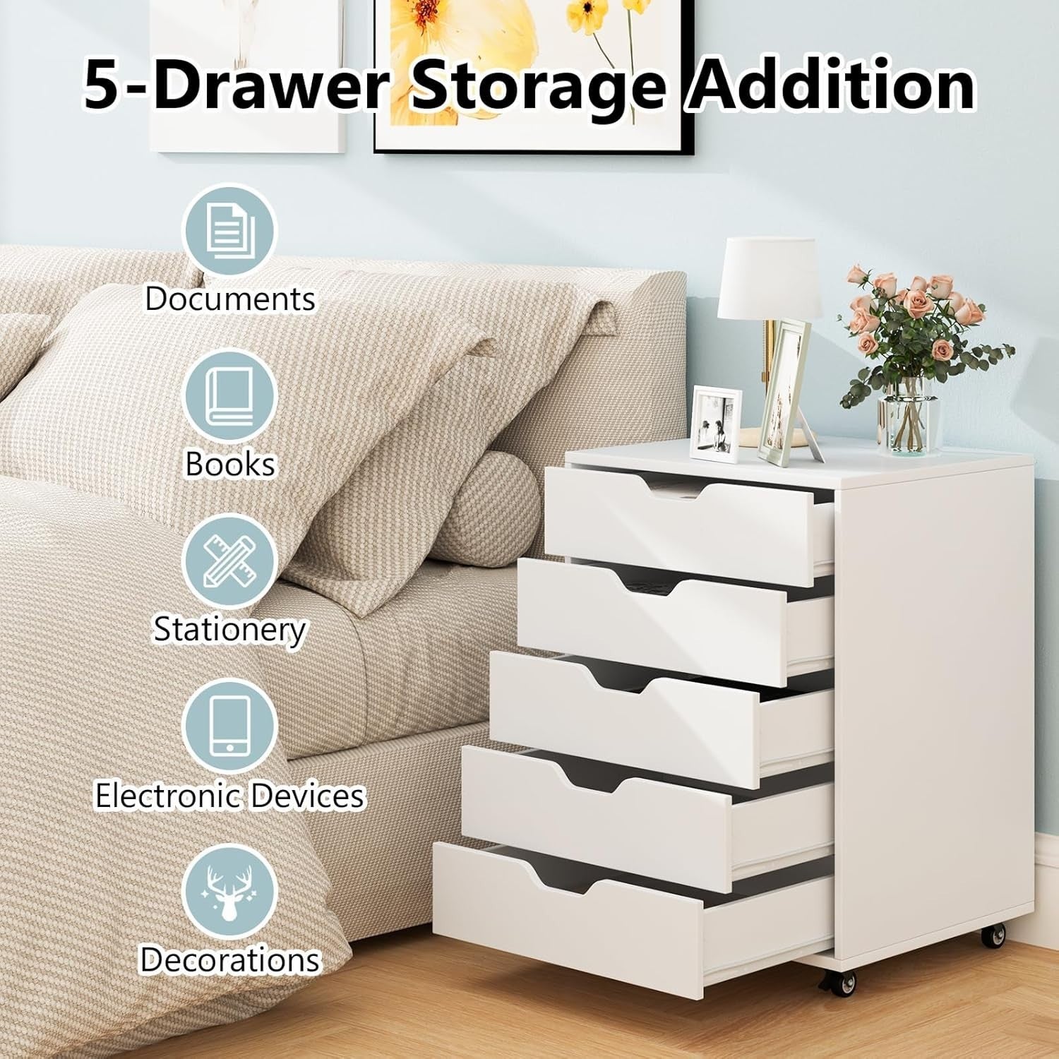 5 Drawer Mobile File Cabinet Rolling Under Desk Storage Lockable Wheels