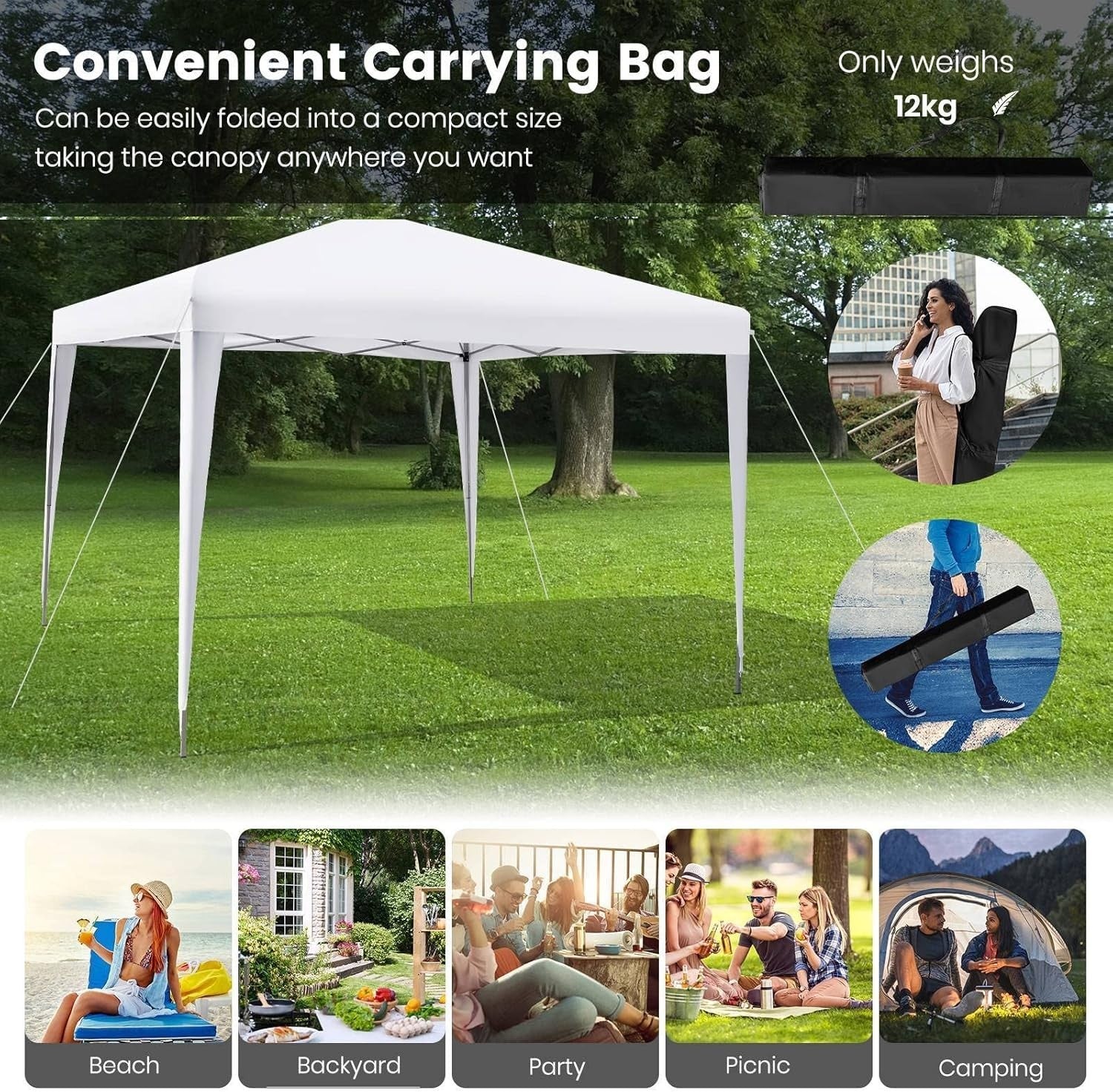 3x3m Pop Up Gazebo Adjustable Waterproof Outdoor Canopy w/ Roller Bag White
