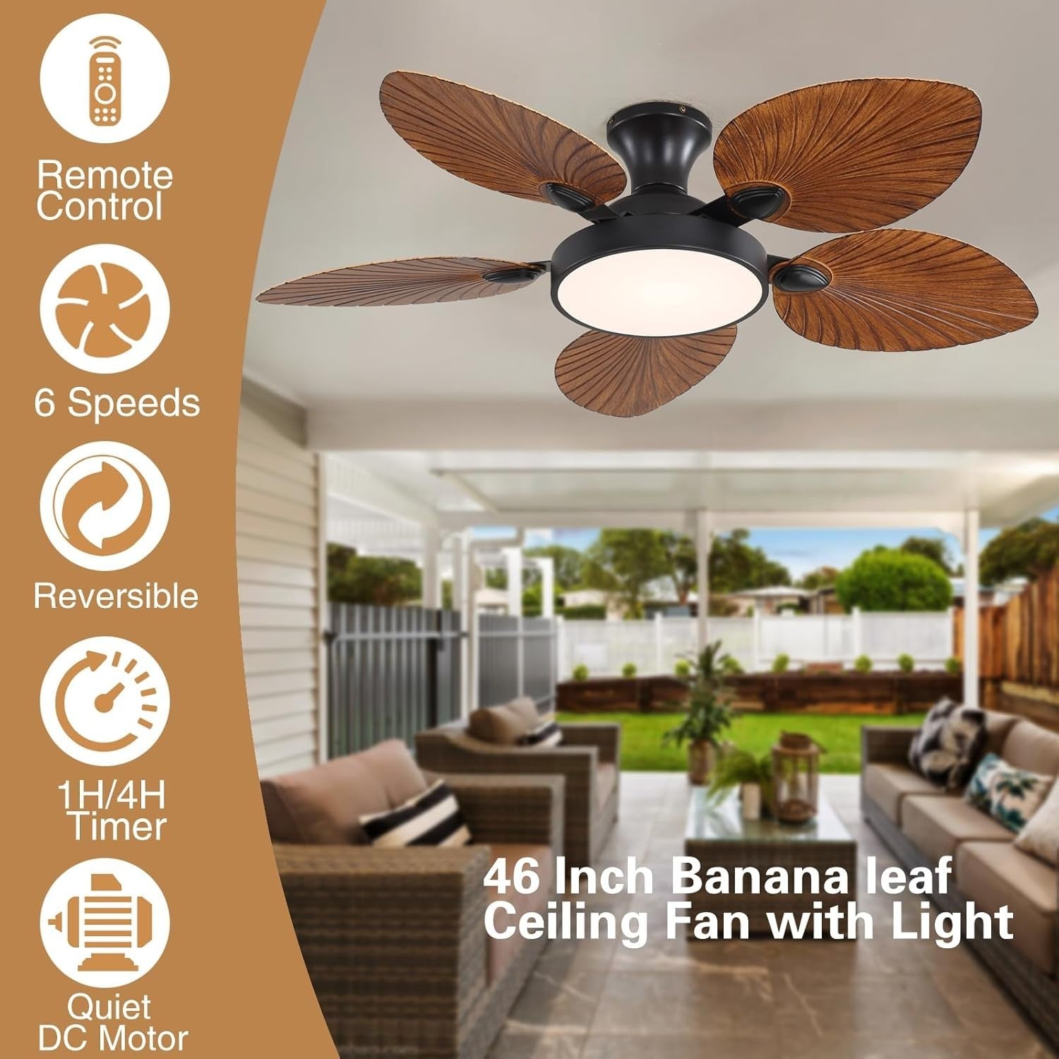 Fanyank 46" Tropical Ceiling Fan with Light, Palm Leaf, 6-Speed, Remote