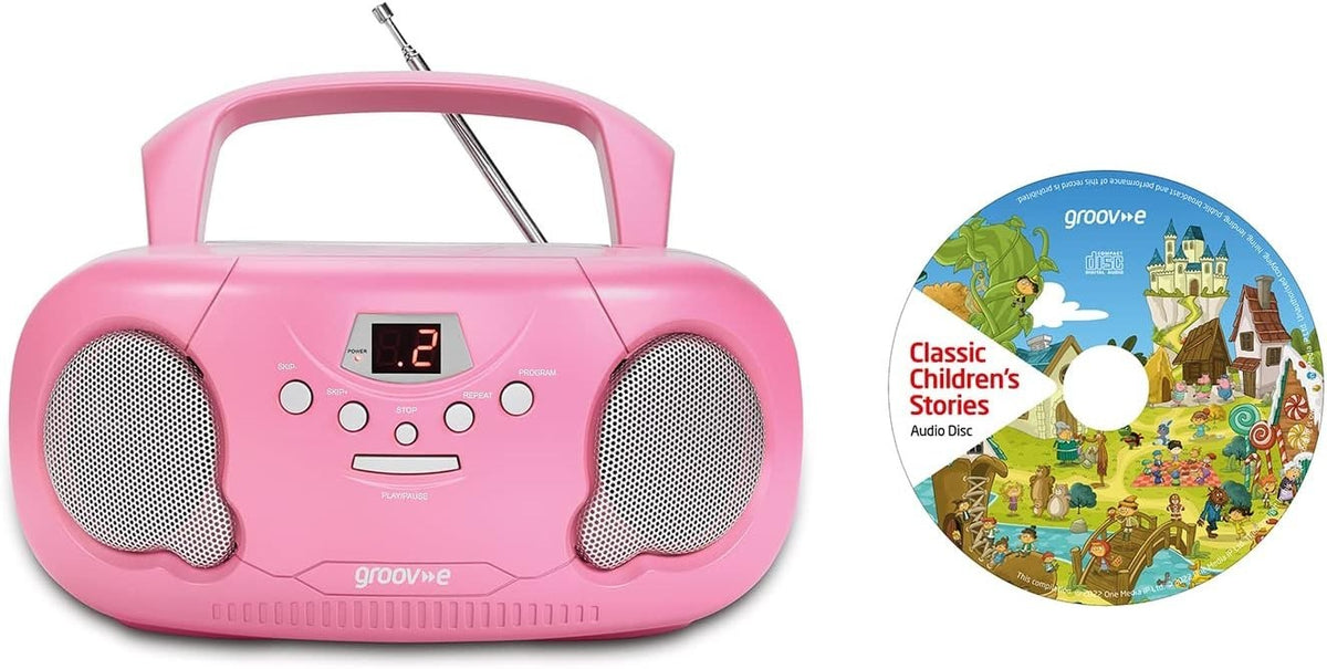 Portable Kids Boombox CD Player with Radio, Story CD & Aux – Pink