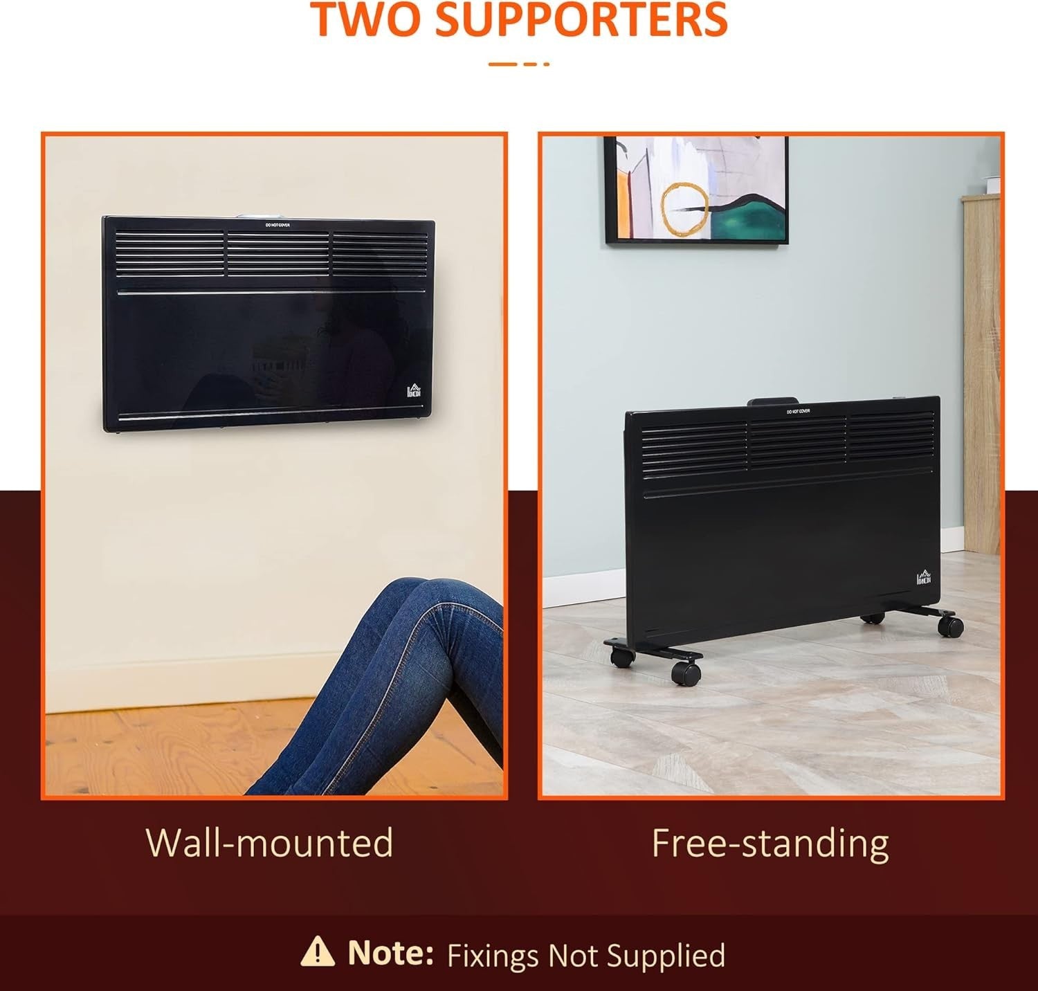 650W/1300W Portable Convector Heater Freestanding or Wall-Mounted Black