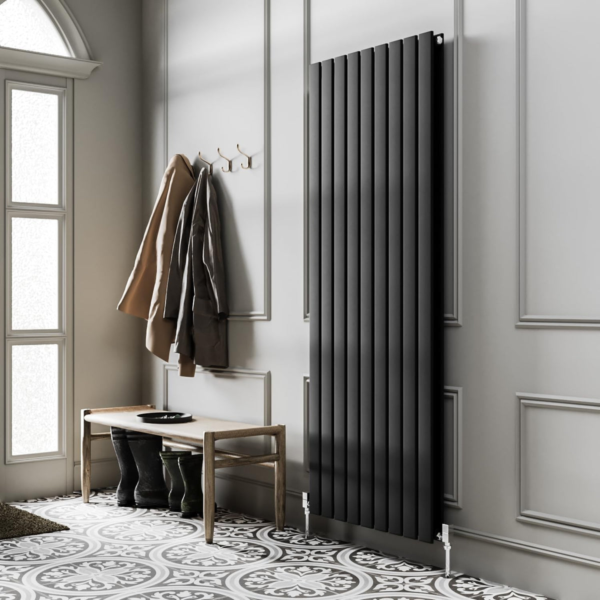 Vertical Black Flat Panel Radiator 1800x610mm Double Column High Heat