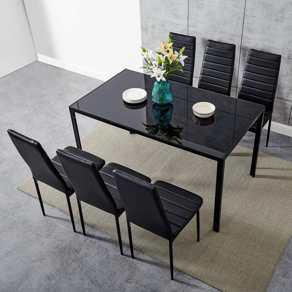 Modern 6-Seater Black Glass Dining Table Set with PU Leather Chairs